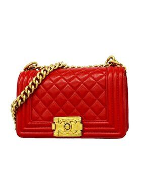 Chanel Shoulder Bag Boy Lambskin Red Gold